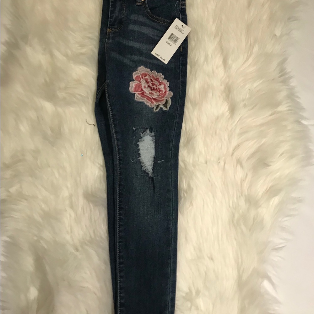Betsey Johnson floral print jeans with rip style